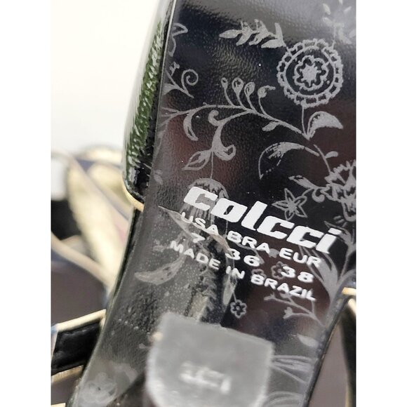 Colcci Black & Navy Peep Toe Leather Heels with Gold Trim Size 7 - Picture 7 of 8